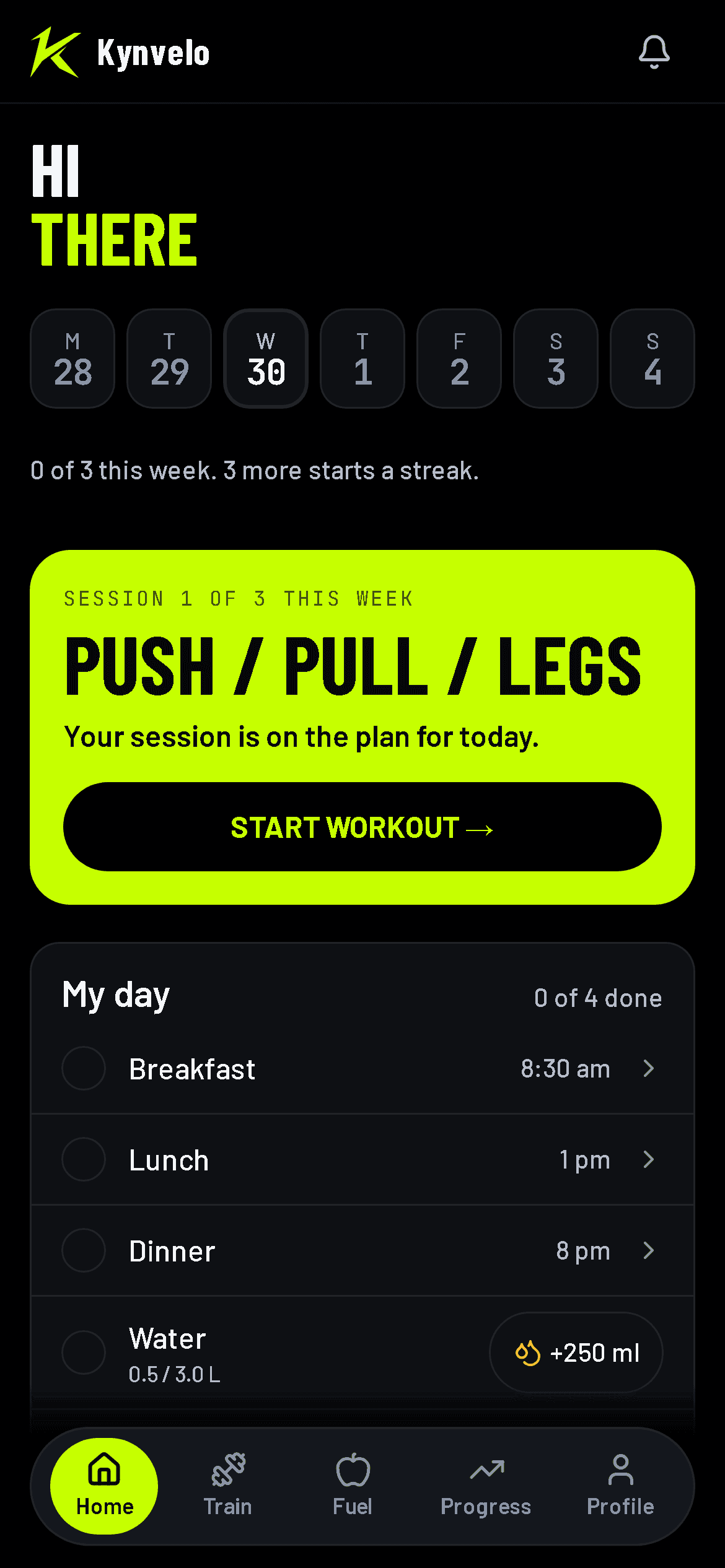 The Kynvelo home screen on a training day: the Start workout card first, then the My day list with breakfast, lunch, dinner and a water row with a plus 250 ml button