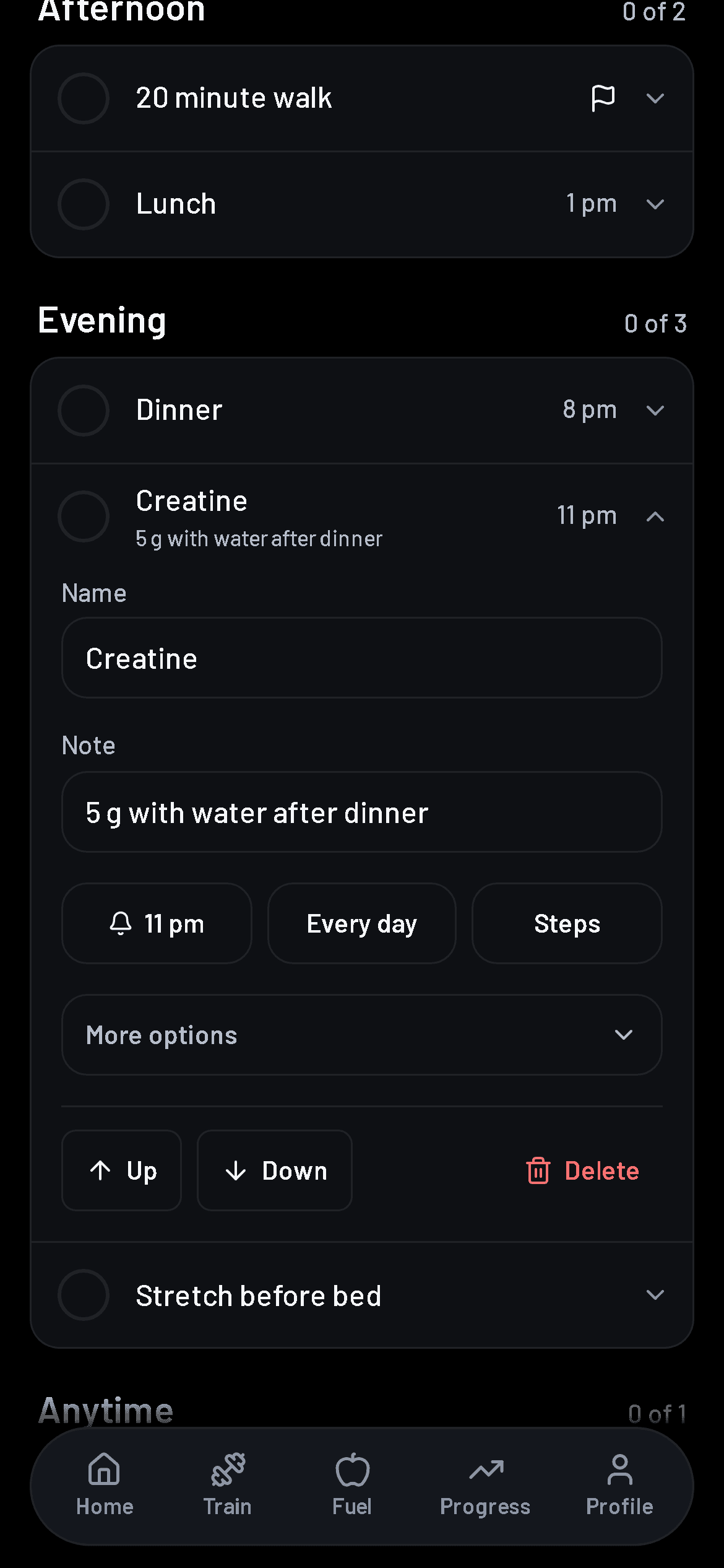 The My day screen with the Creatine line open: its name, a note, and buttons for time, how often it repeats and steps