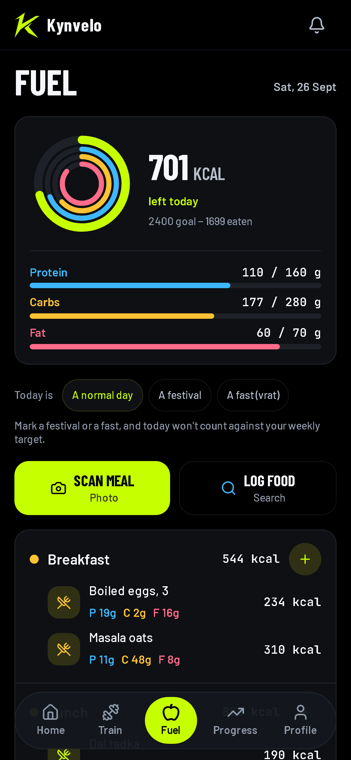 The Fuel screen: calories left, protein, carbs and fat against the day's target, and the meals logged so far