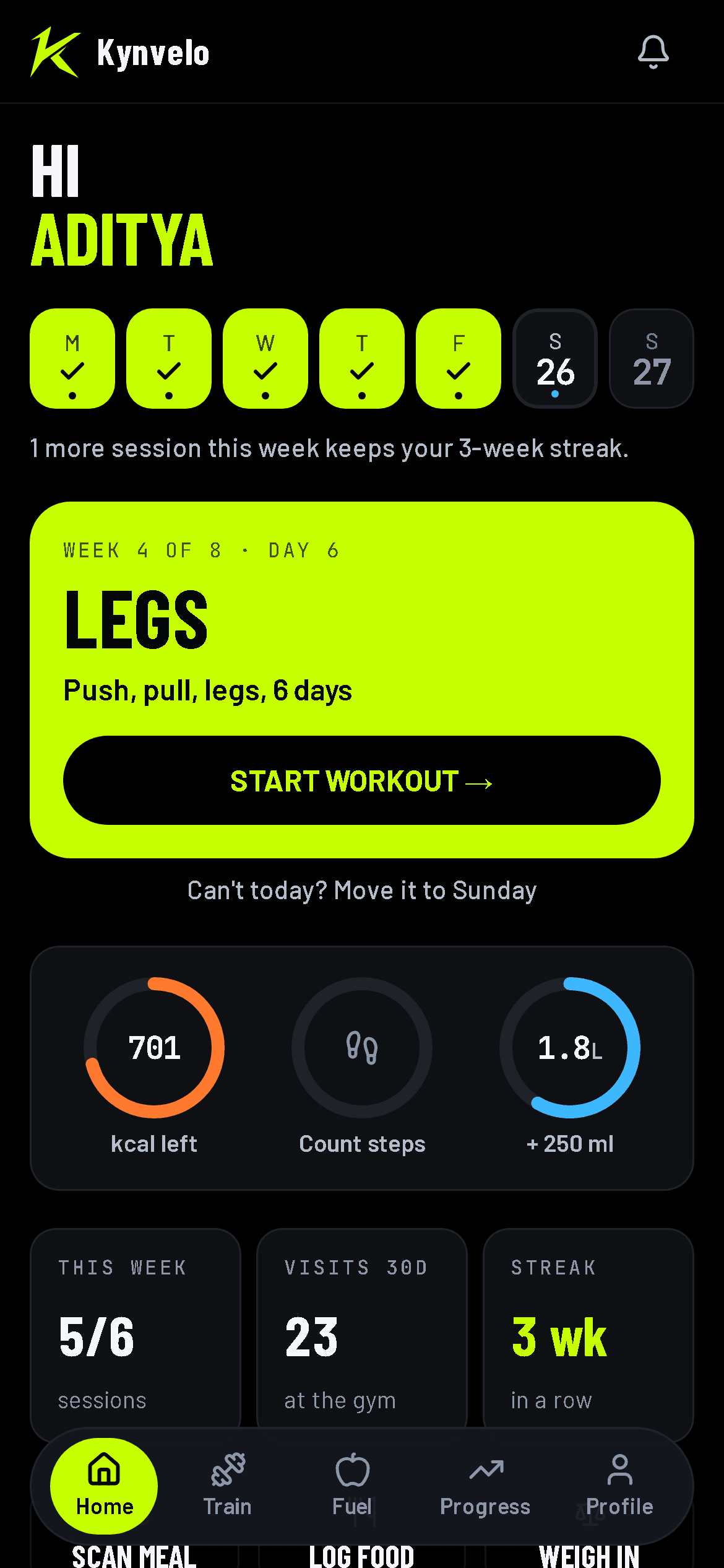 The Kynvelo home screen: the week, today's workout from your program, calories, steps and water, and the week's sessions, visits and streak