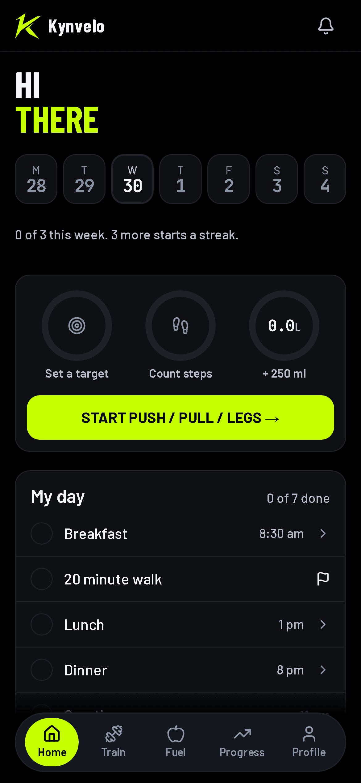 The Kynvelo home screen: your week, then one card with calorie, step and water rings and a Start workout button, then the My day list
