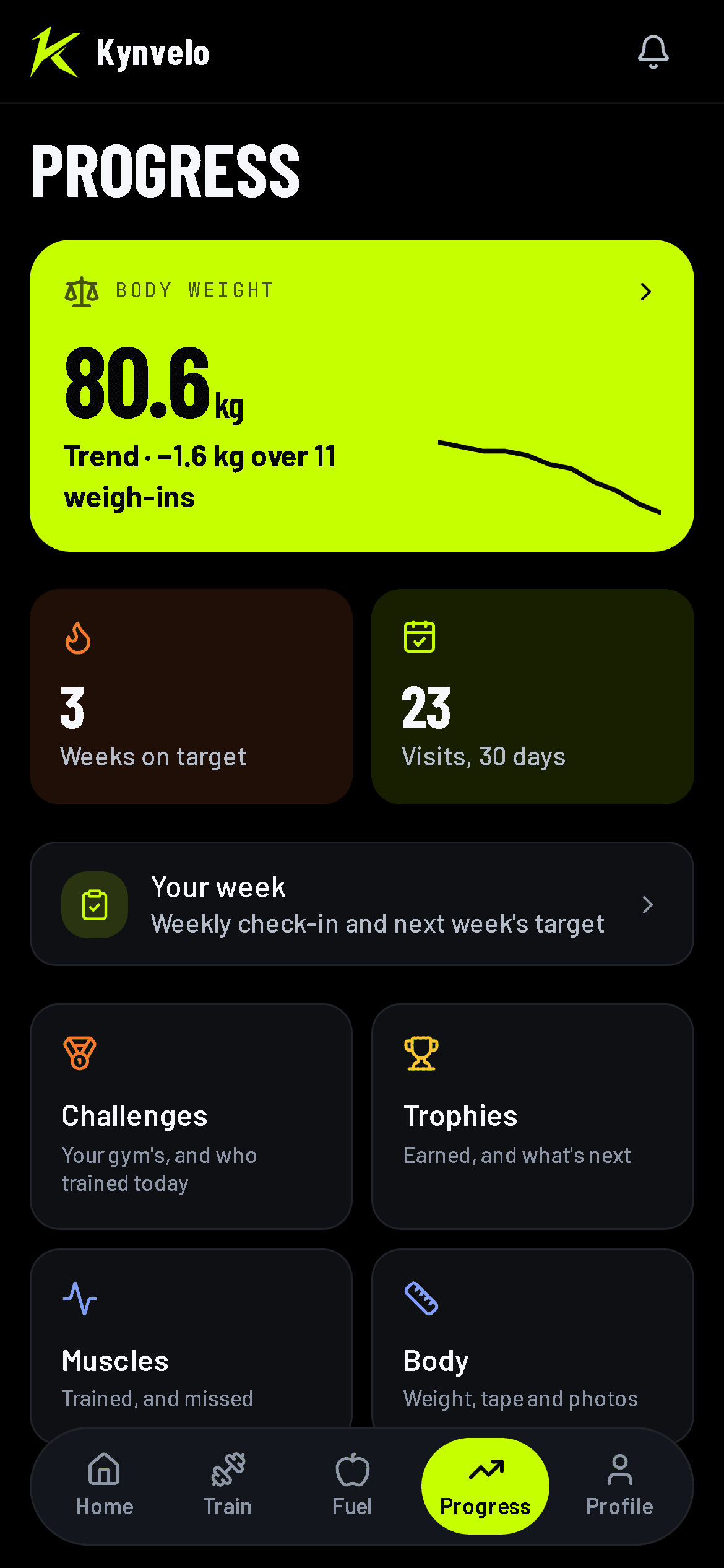 The Progress screen: body weight trend, day streak and visits