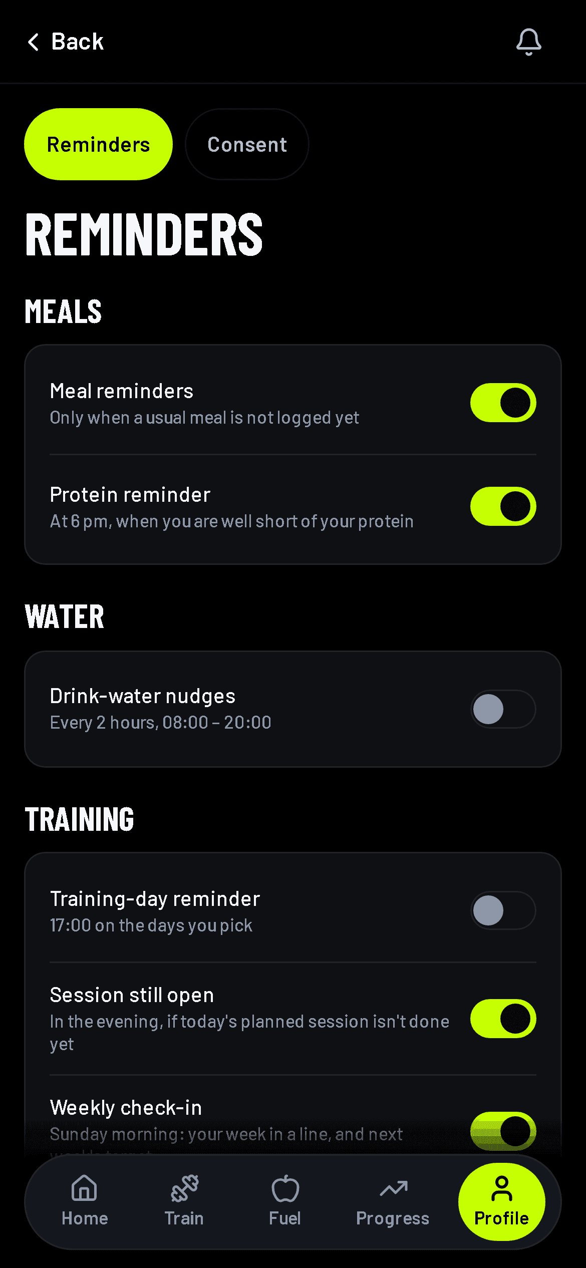 The Reminders screen, grouped by topic: Meals, Water and Training, each with its own switch