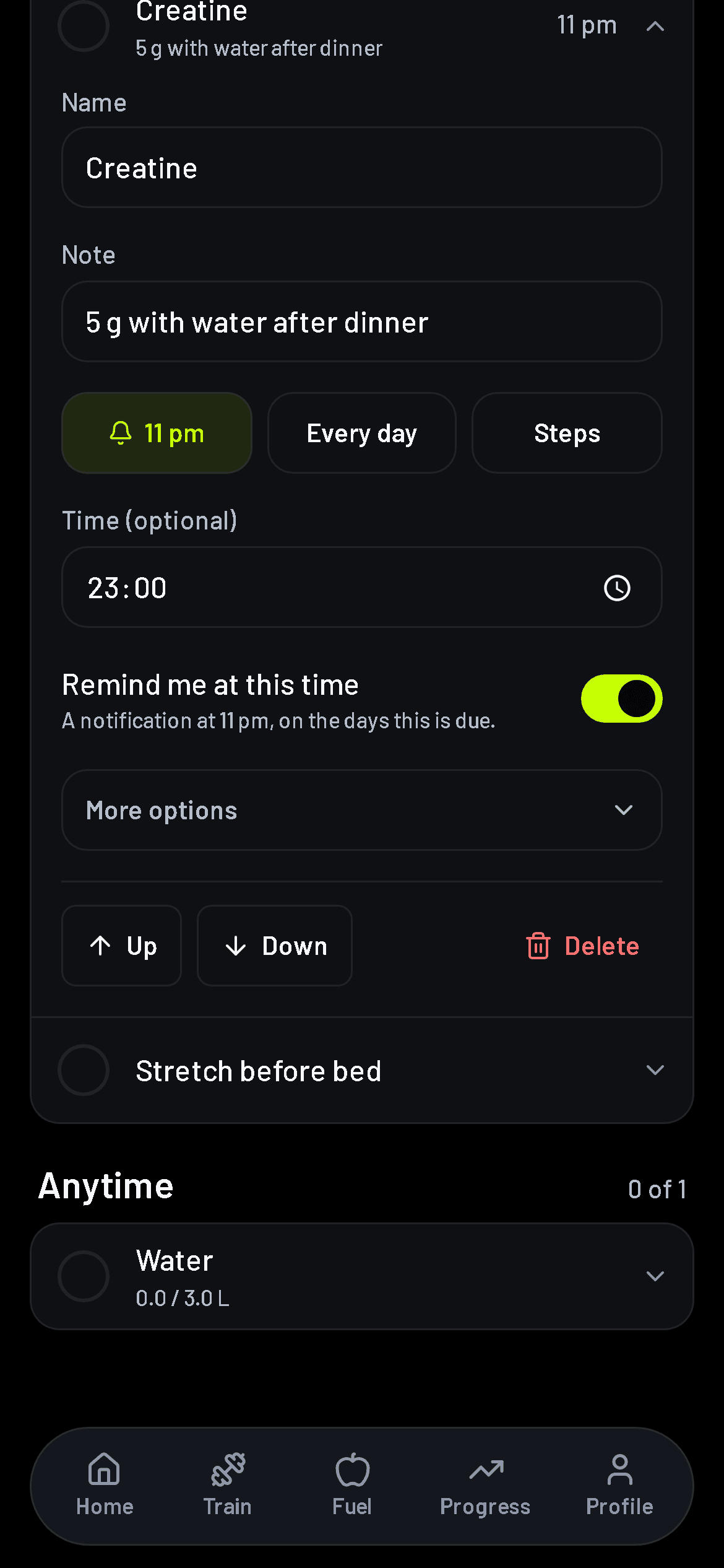 The My day time panel for a line set to 11 pm, with the Remind me at this time switch turned on