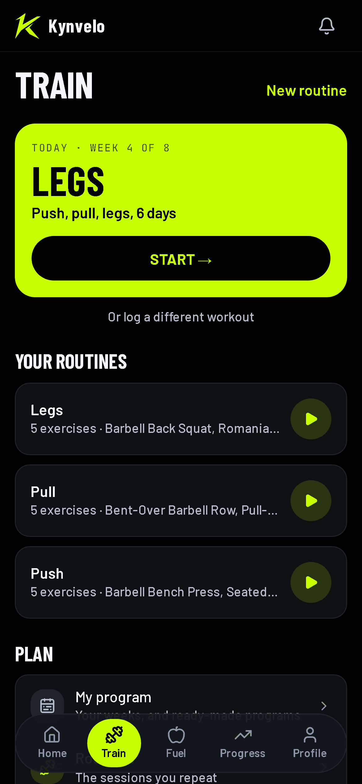 The Train screen: start a workout, personal bests and saved routines