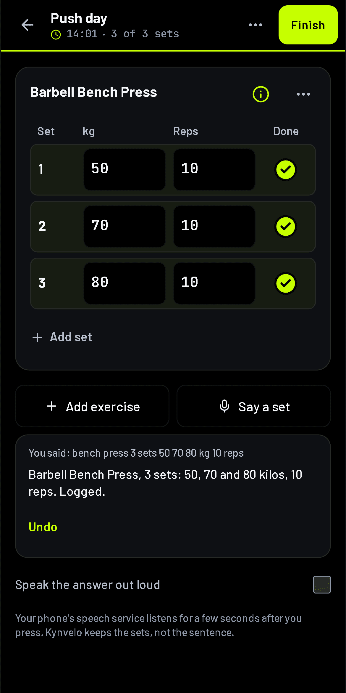 The workout screen after saying a set out loud: the three bench press sets are ticked, with what was heard, the answer, and Undo
